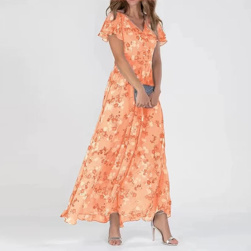 Nina | Women's Floral Maxi Dress Short Sleeve Orange