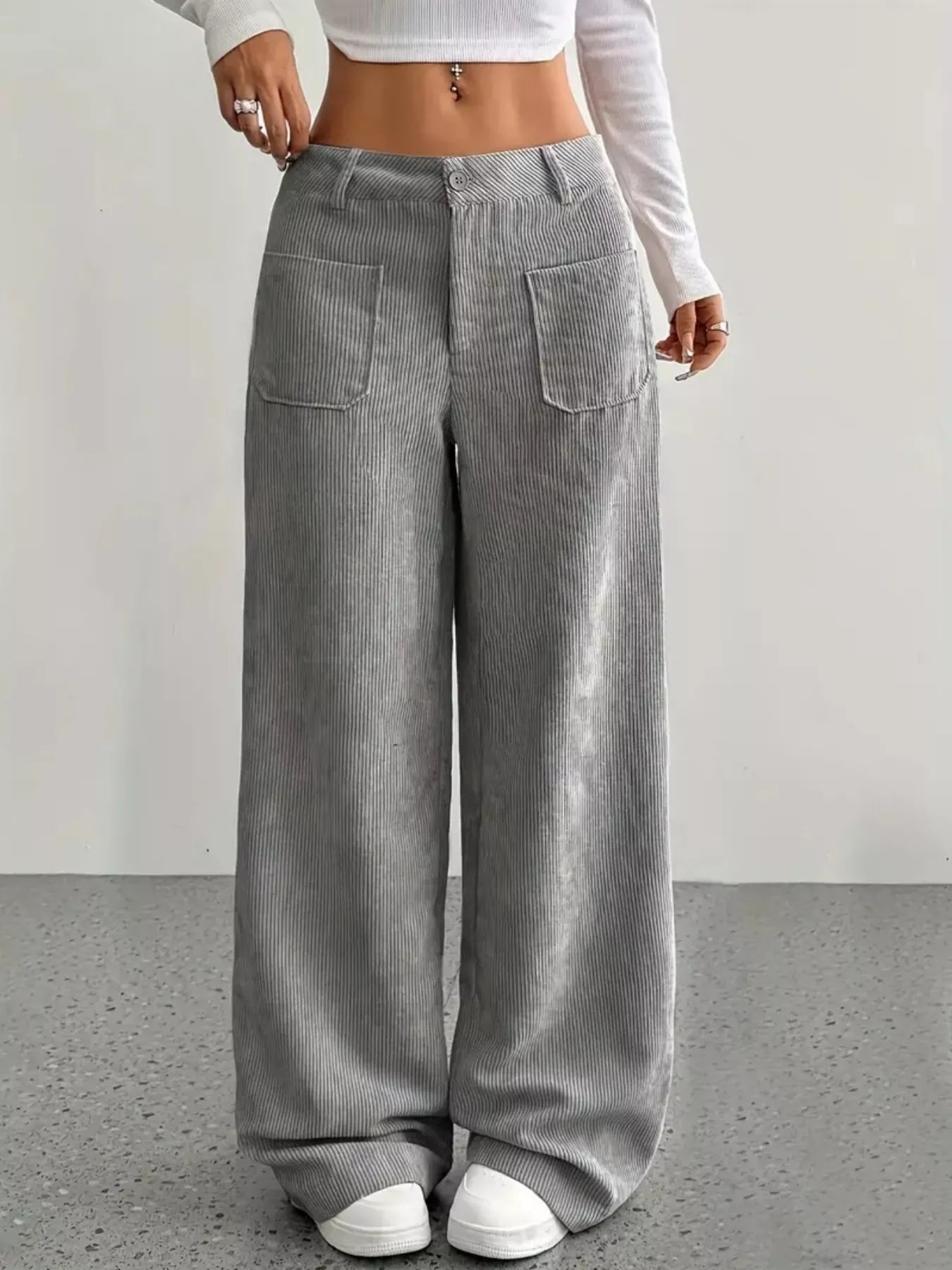 Greta | Women's Wide Leg Pants Black Ribbed High Waisted