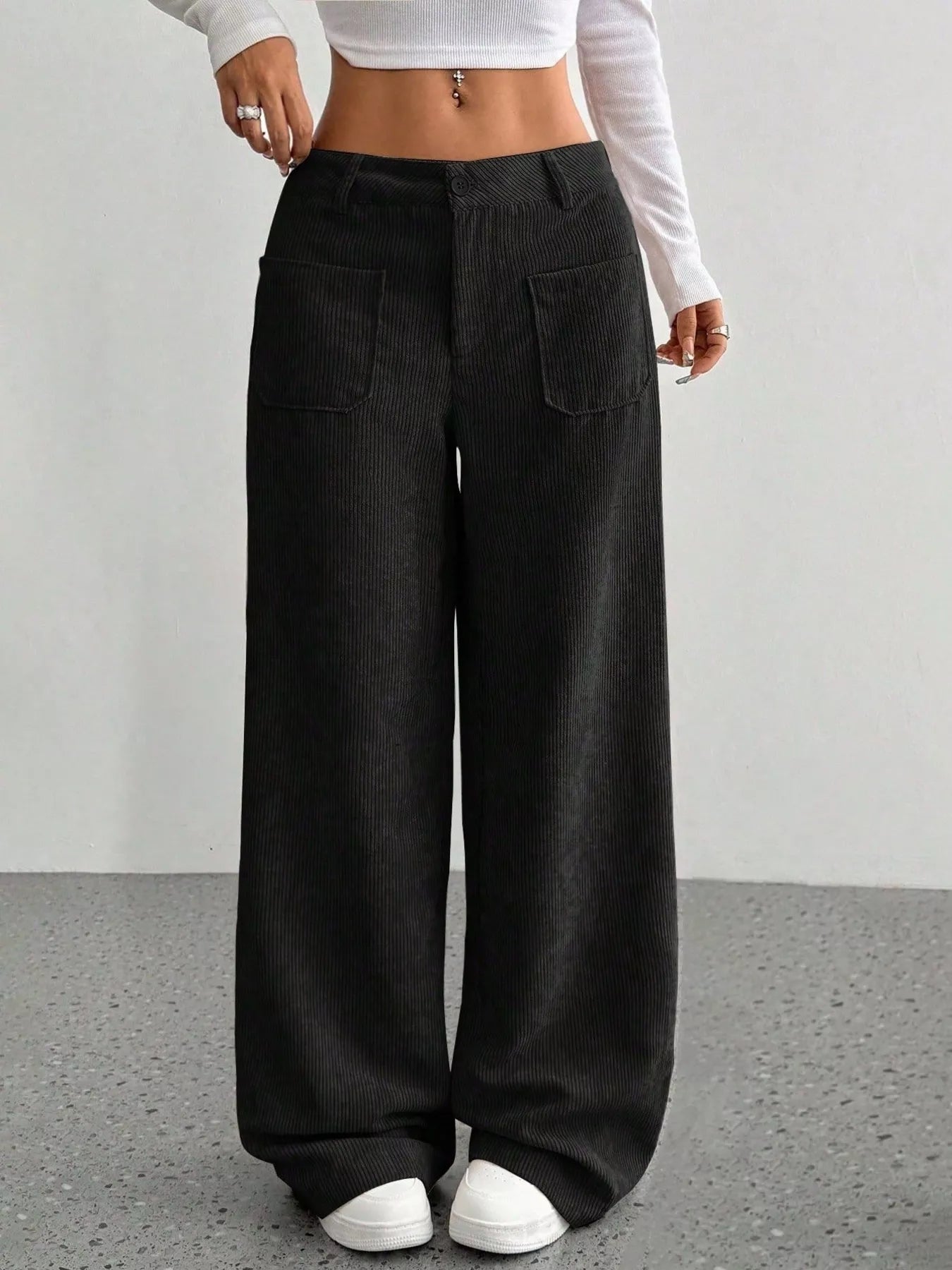 Greta | Women's Wide Leg Pants Black Ribbed High Waisted