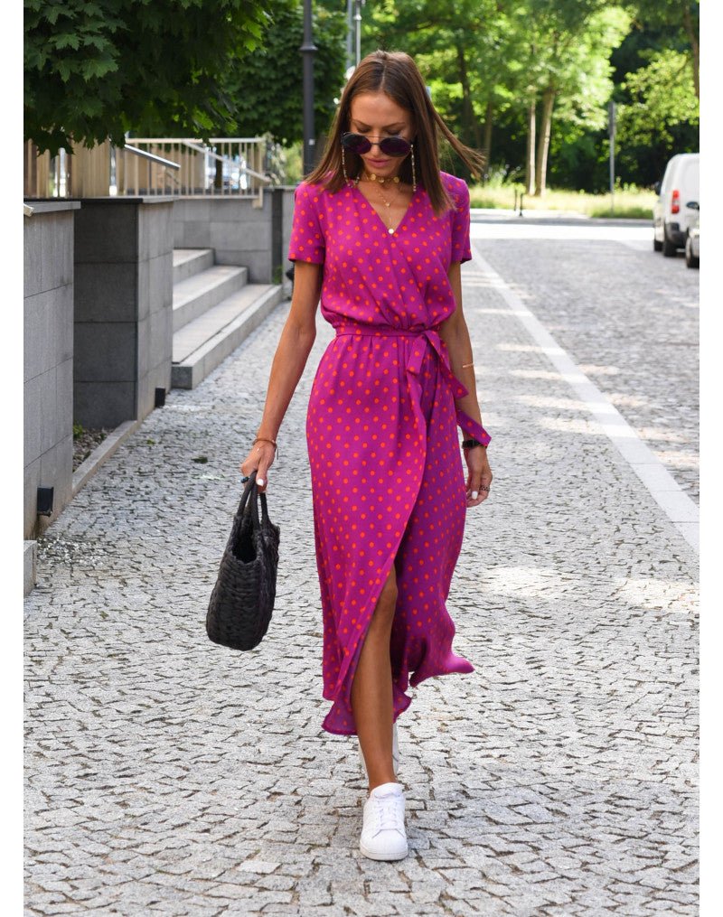 Camille | Women's Wrap Midi Dress Red Blue Floral Short Sleeve
