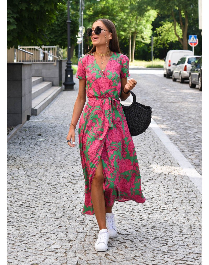 Camille | Women's Wrap Midi Dress Red Blue Floral Short Sleeve