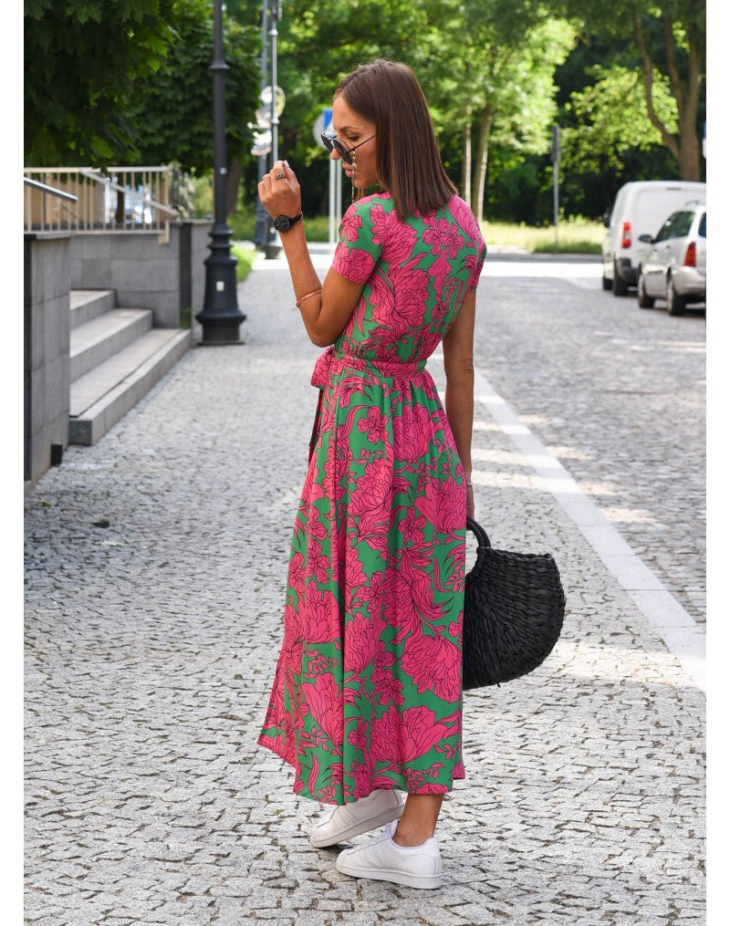 Camille | Women's Wrap Midi Dress Red Blue Floral Short Sleeve