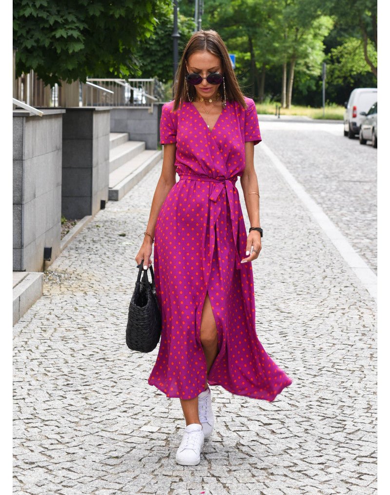 Camille | Women's Wrap Midi Dress Red Blue Floral Short Sleeve