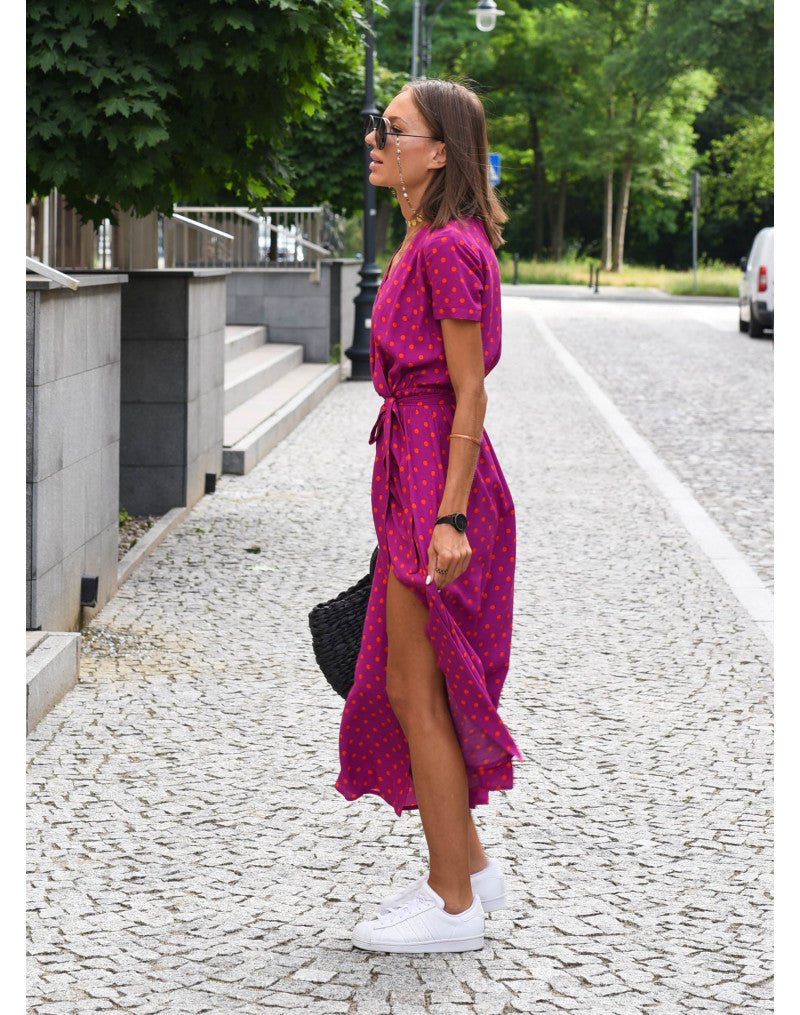 Camille | Women's Wrap Midi Dress Red Blue Floral Short Sleeve