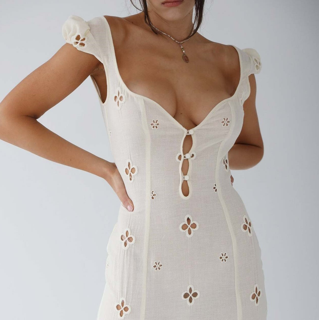 Ember | Women's Eyelet Midi Dress Cream Puff Sleeve