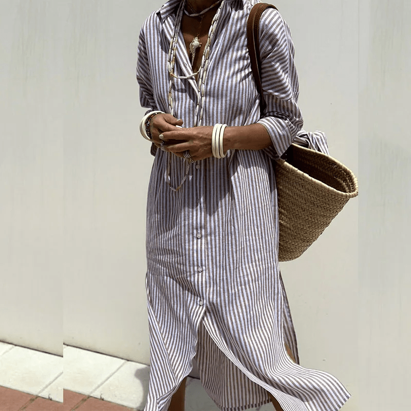 Nola | Women's Striped Button Down Shirt Dress Pink Long Sleeve