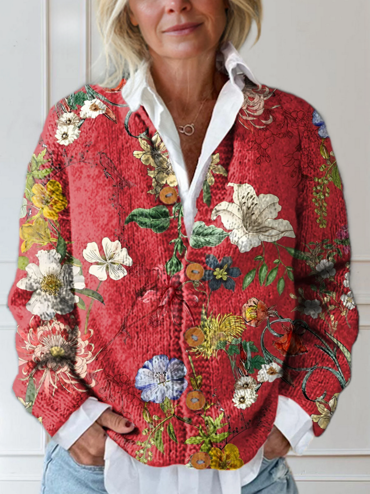 Lola | Women's Floral Quilted Cardigan Red Button Up