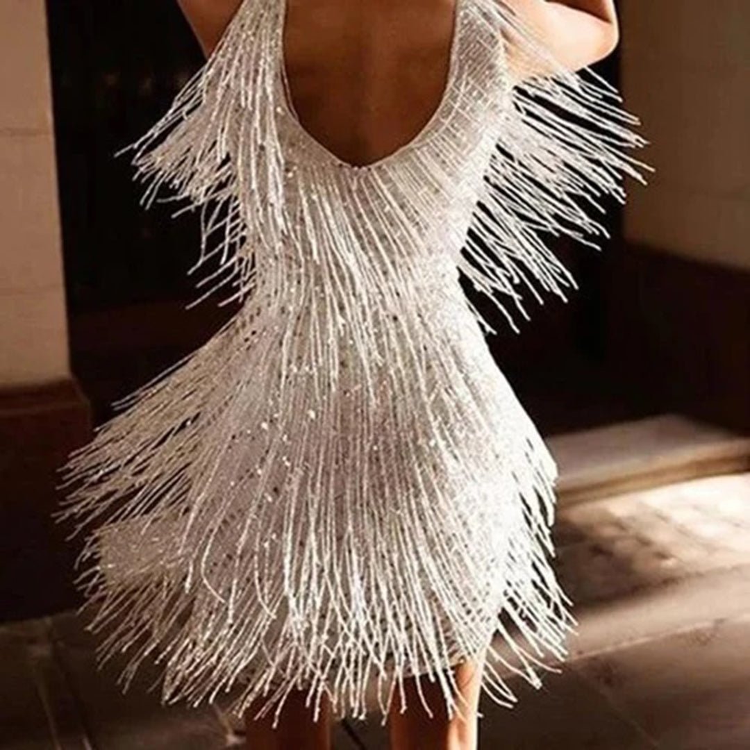 Faye | Women's Sequin Fringe Midi Dress Cream V Neck