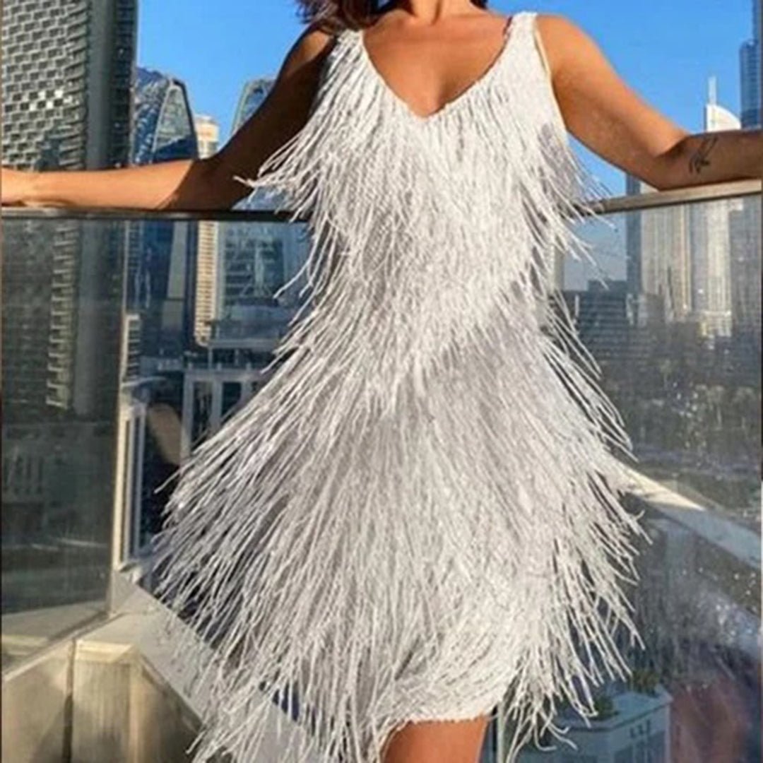 Faye | Women's Sequin Fringe Midi Dress Cream V Neck