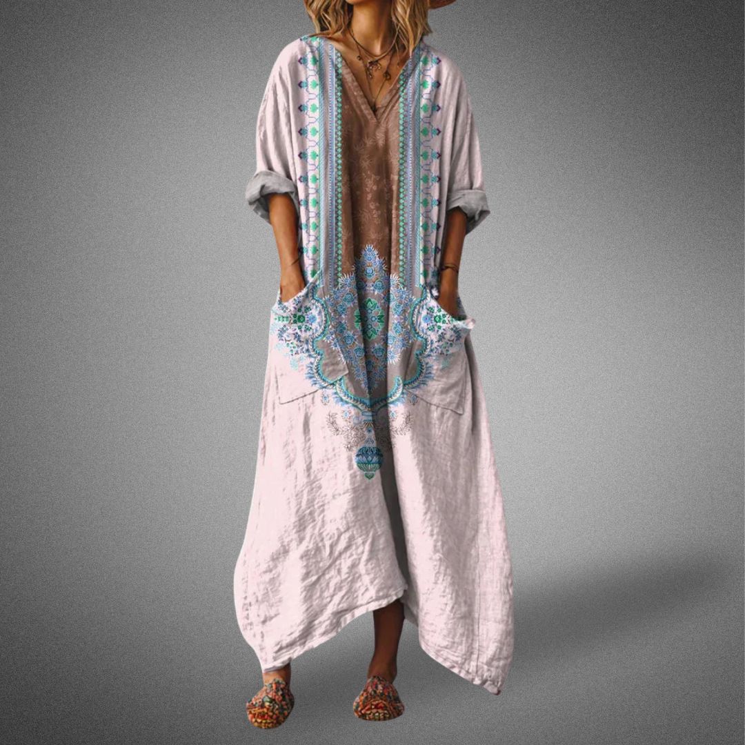Isla | Women's Boho Floral Maxi Dress Orange V Neck
