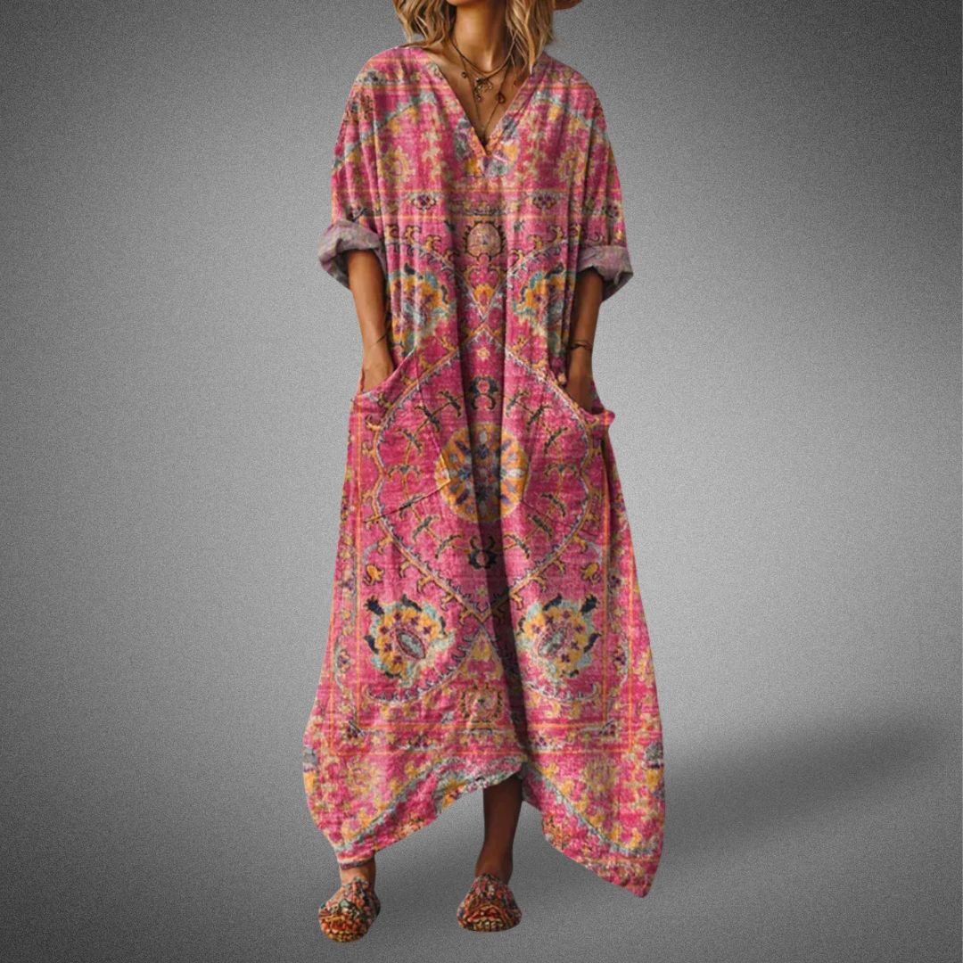 Isla | Women's Boho Floral Maxi Dress Orange V Neck