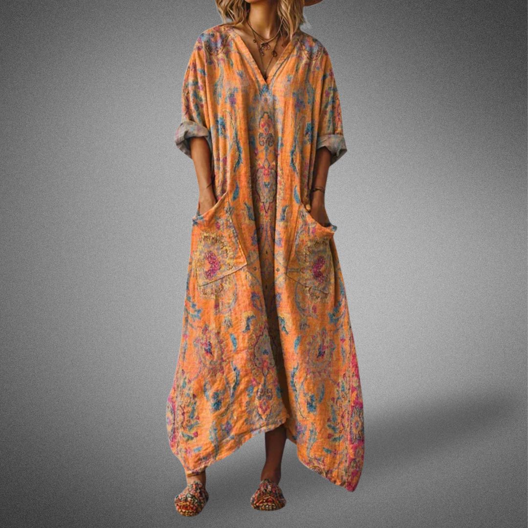 Isla | Women's Boho Floral Maxi Dress Orange V Neck