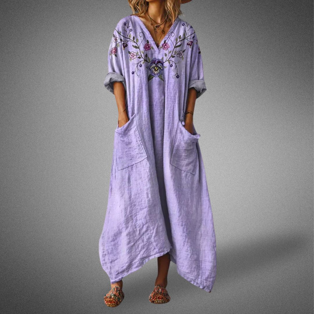 Isla | Women's Boho Floral Maxi Dress Orange V Neck