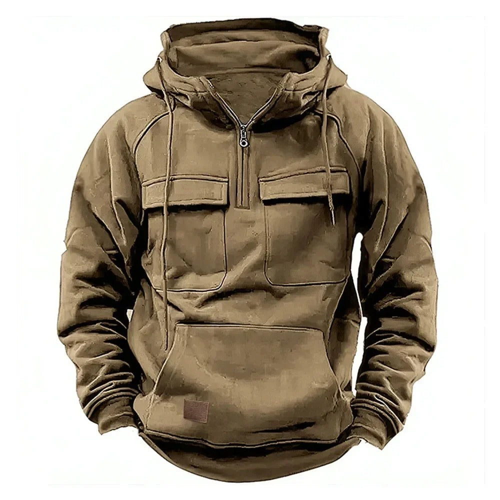 Axel | Men's Cargo Utility Hoodie Olive Green Half Zip Pullover