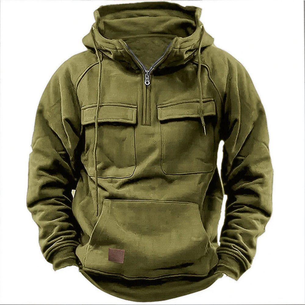 Axel | Men's Cargo Utility Hoodie Olive Green Half Zip Pullover