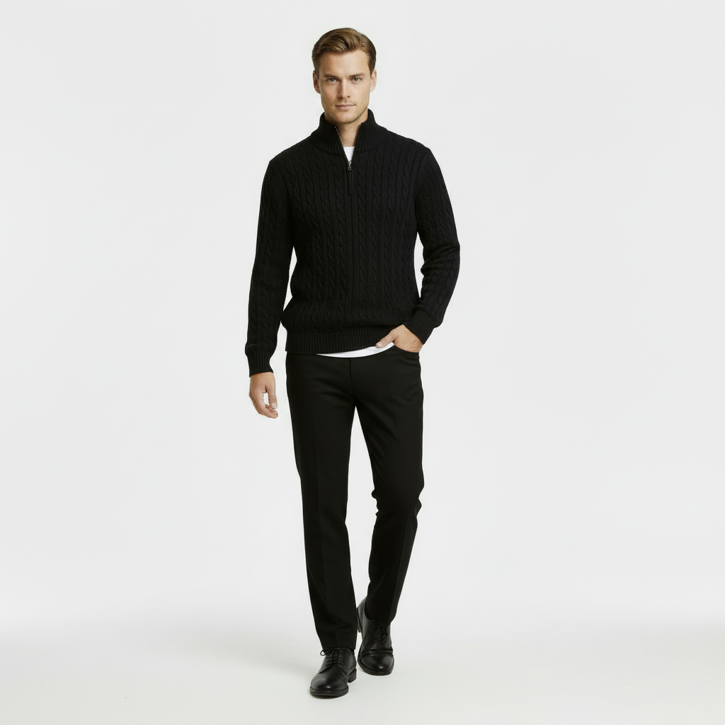 Rex | Men's Cable Knit Quarter Zip Sweater Black