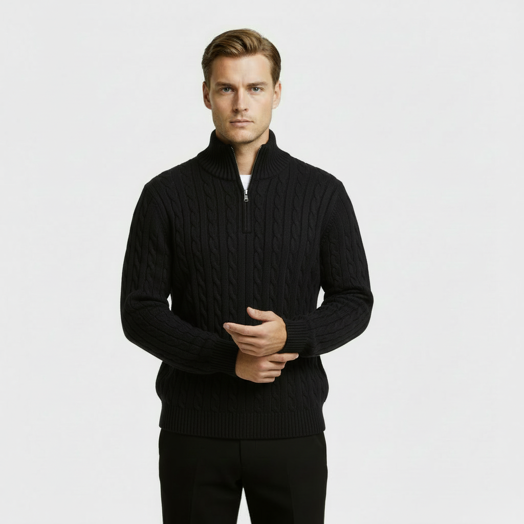 Rex | Men's Cable Knit Quarter Zip Sweater Black