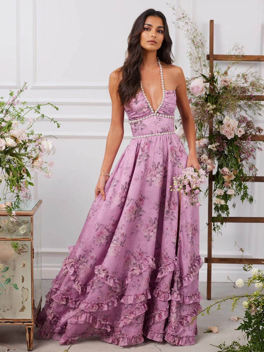 Paloma | Women's Coquette Floral Maxi Dress Pink Ruffle Hem