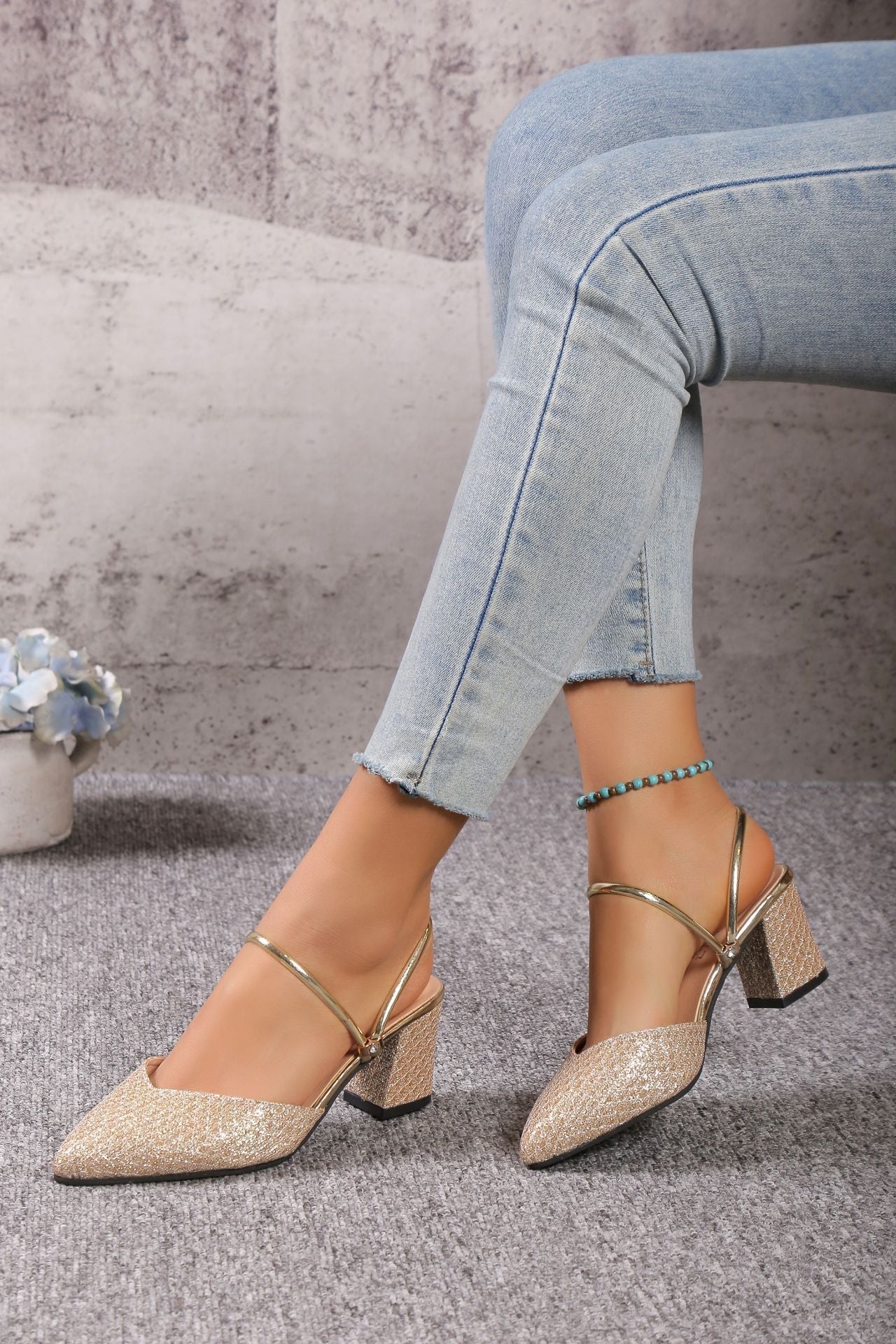 Rosa | Women's Block Heel Sandals Silver Glitter Strappy