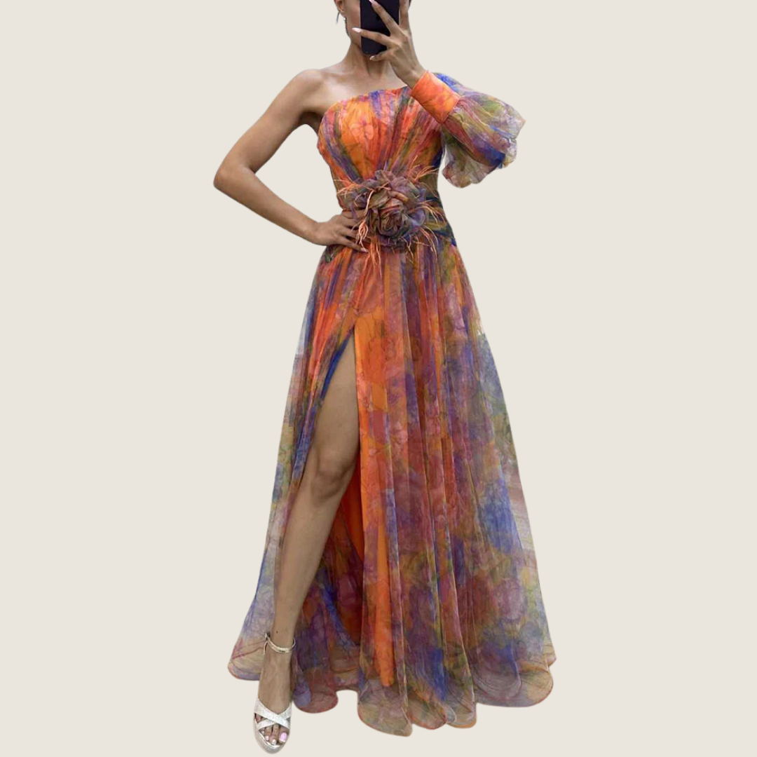 Rosa | Women's One Shoulder Maxi Dress Purple Floral Puff Sleeve