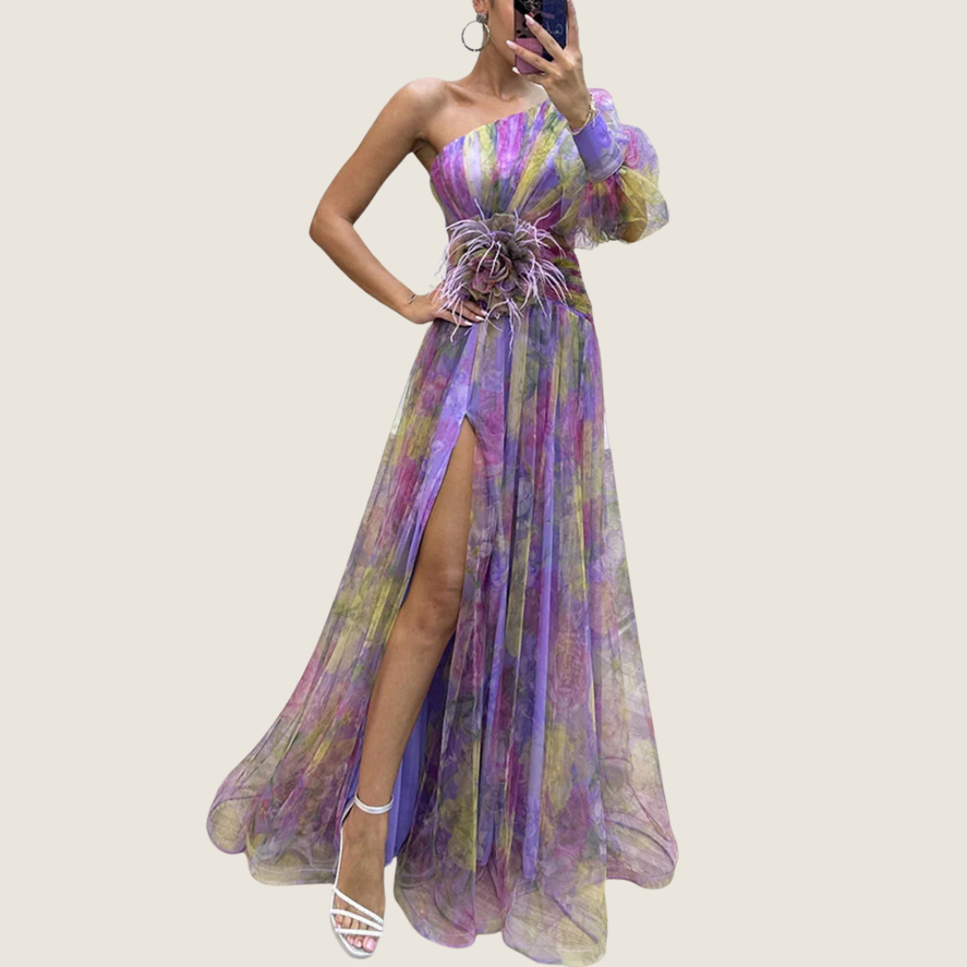Rosa | Women's One Shoulder Maxi Dress Purple Floral Puff Sleeve