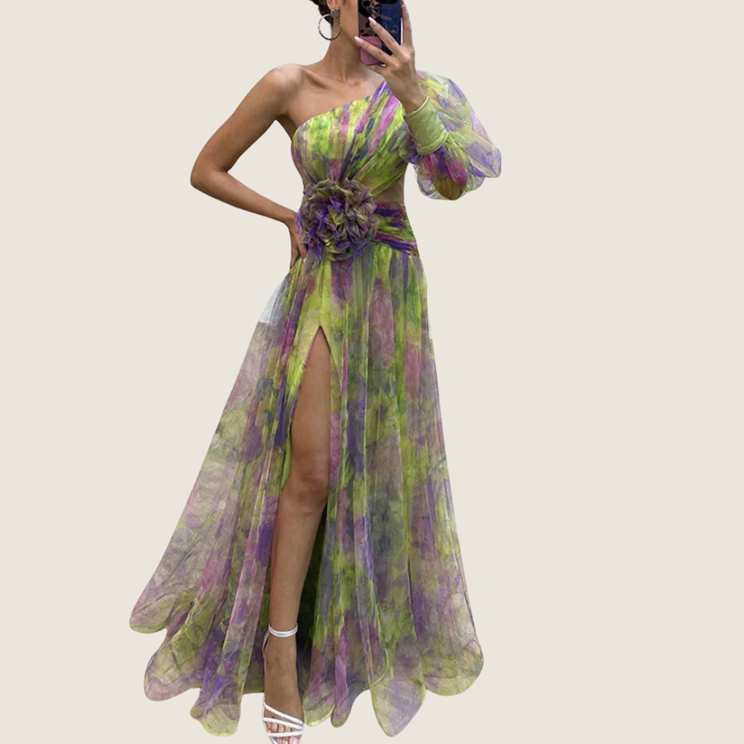 Rosa | Women's One Shoulder Maxi Dress Purple Floral Puff Sleeve