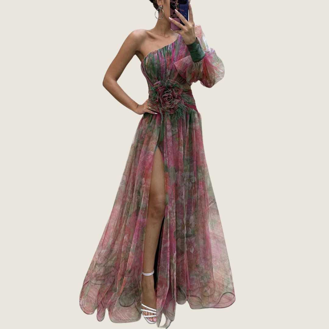 Rosa | Women's One Shoulder Maxi Dress Purple Floral Puff Sleeve