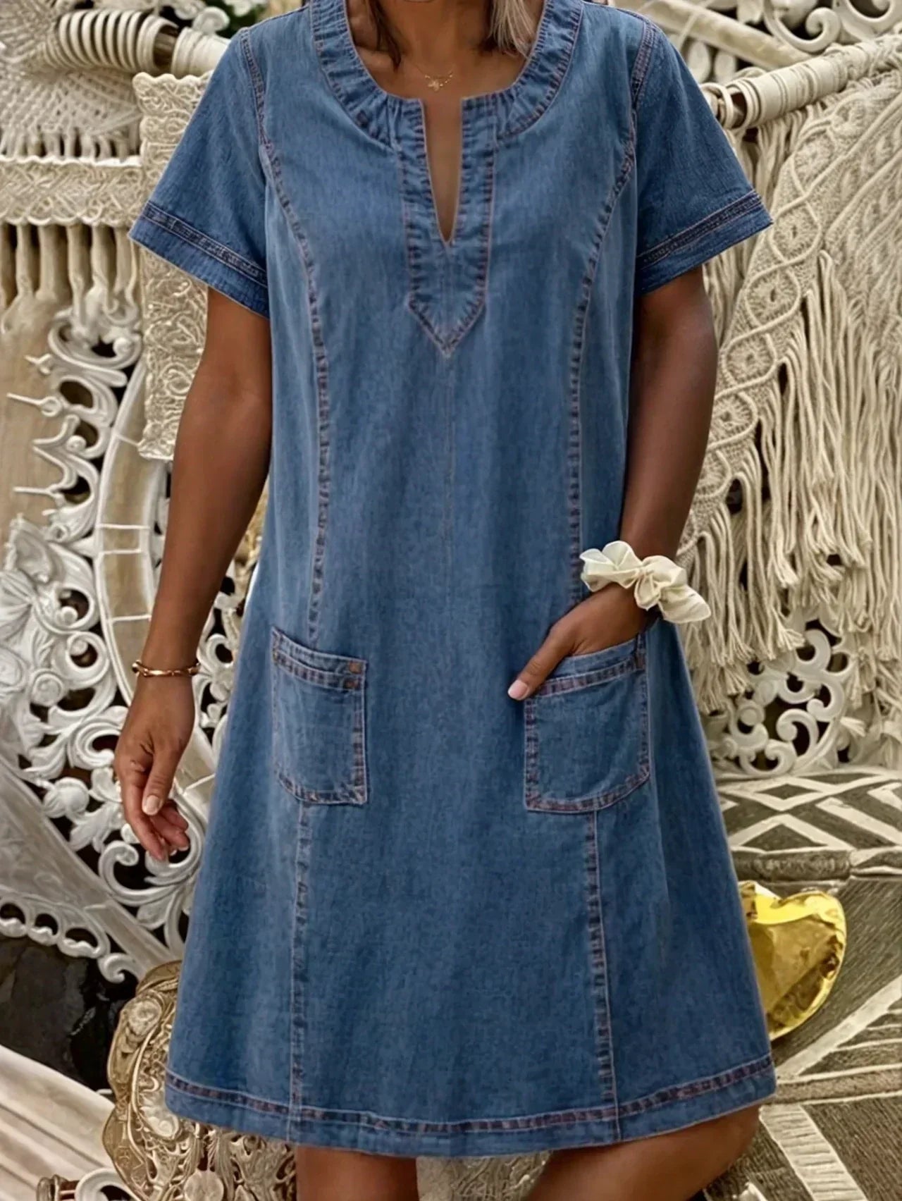 Maren | Women's Denim Shirt Dress Light Blue Short Sleeve Pockets