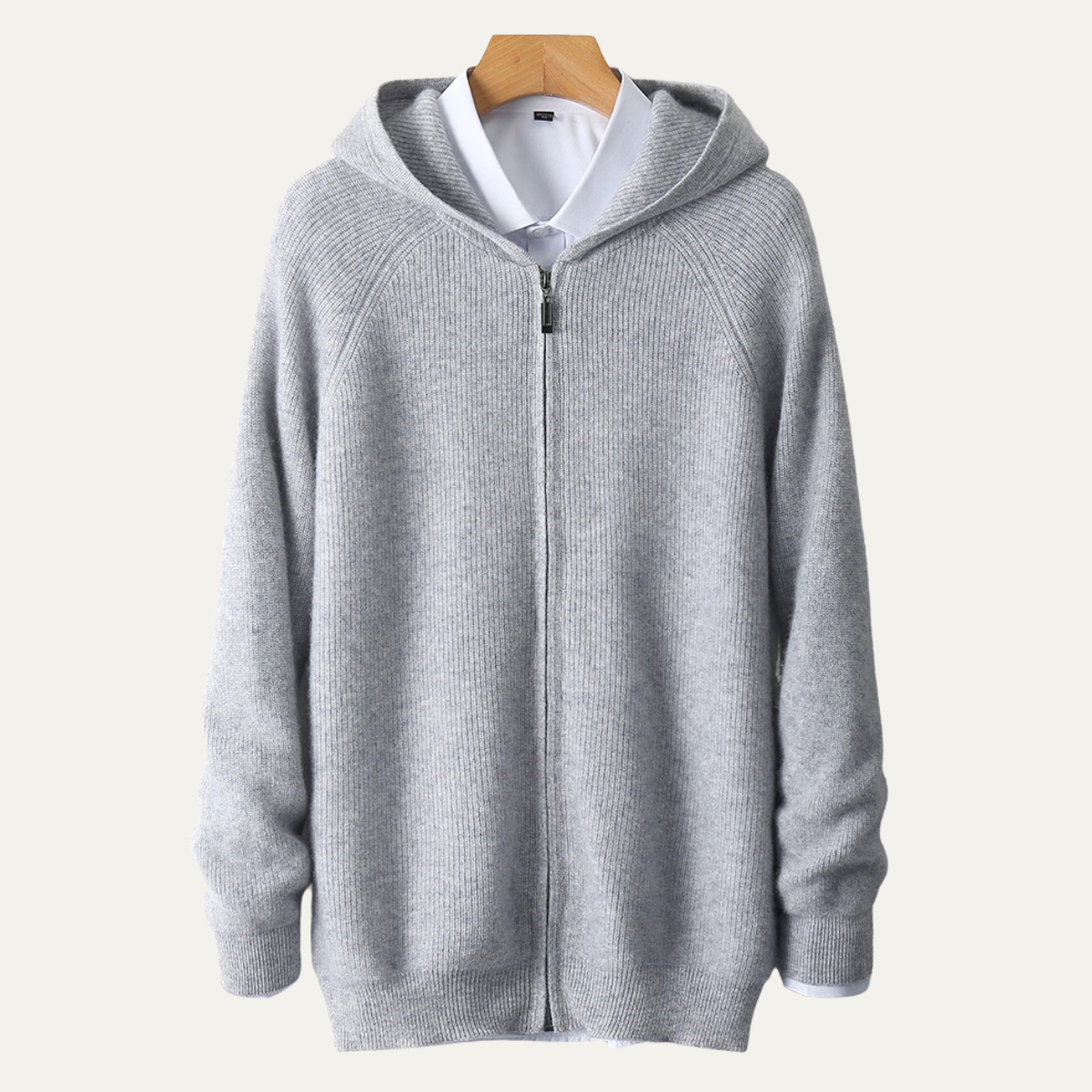 Callum | Men's Ribbed Hooded Zip Up Cardigan Cream