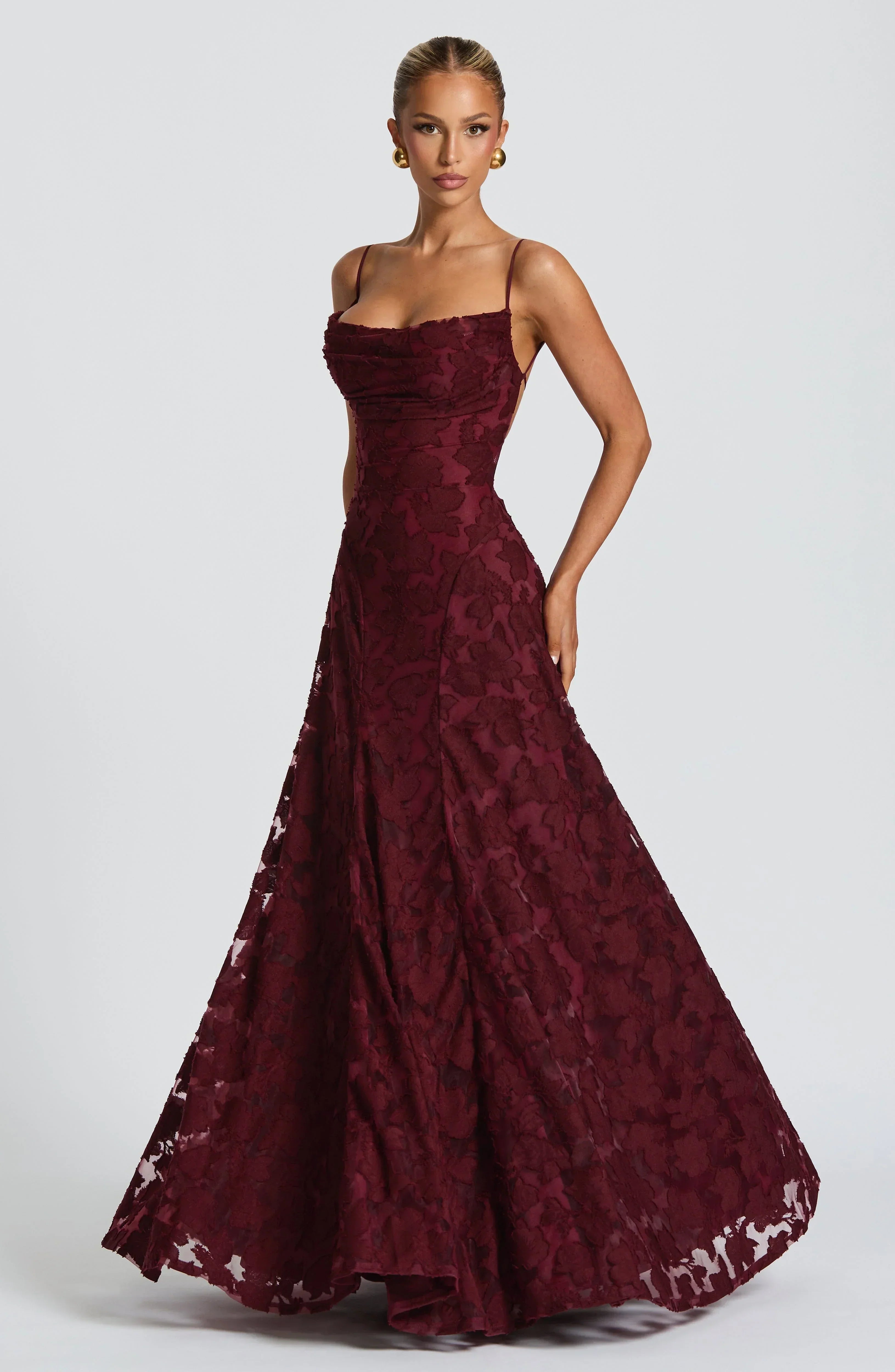 Stella | Women's Lace Maxi Dress Burgundy Spaghetti Strap