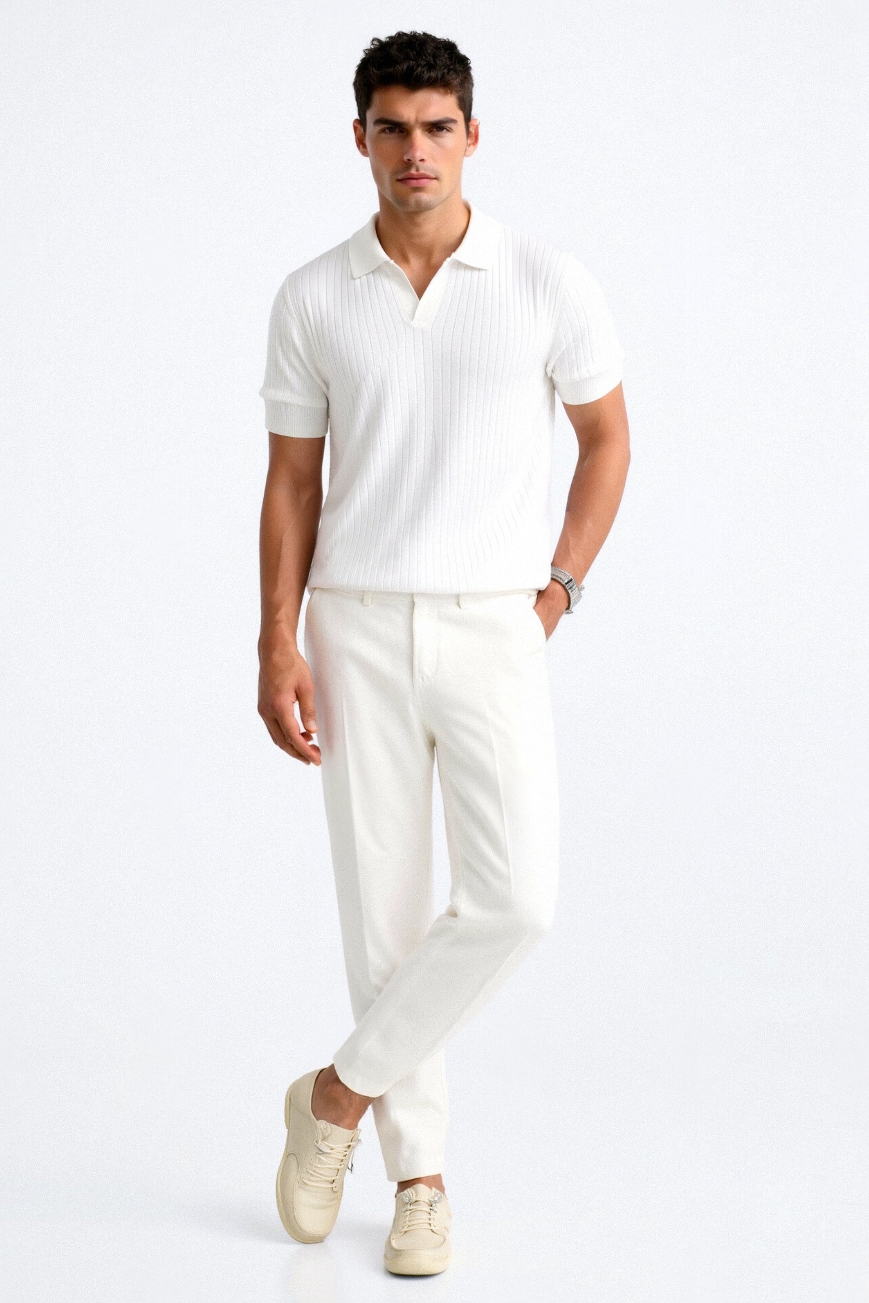 Axel | Men's Ribbed Polo Shirt White Short Sleeve