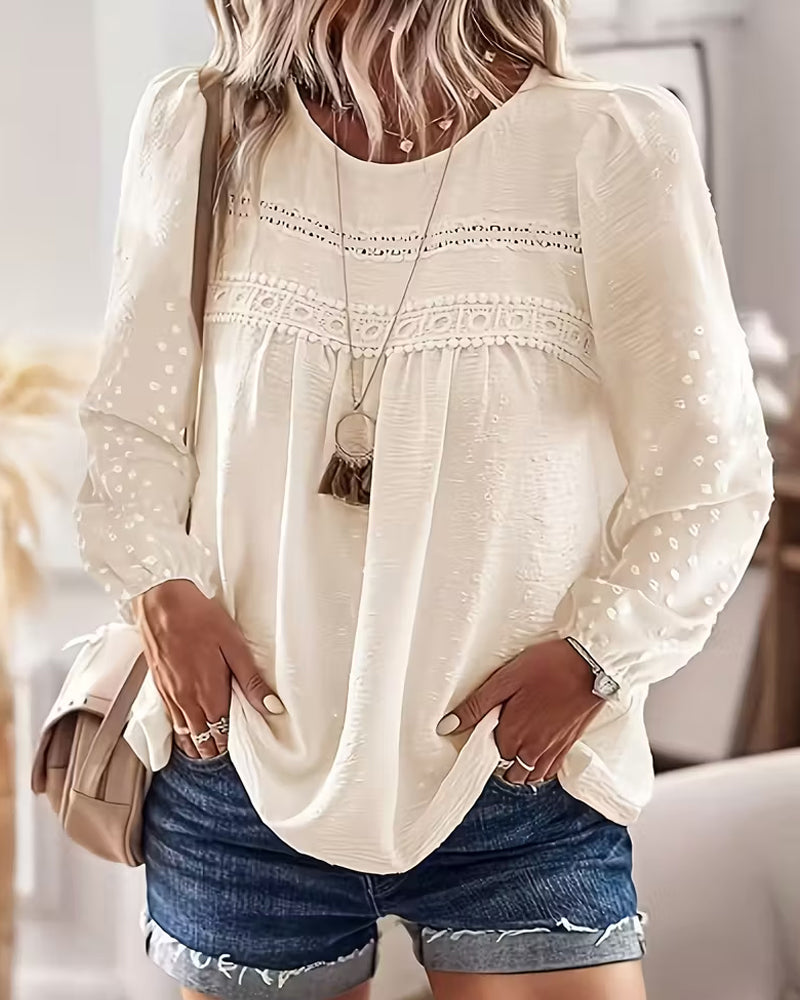 Greta | Women's Lace Blouse Cream Long Sleeve Puff Detail
