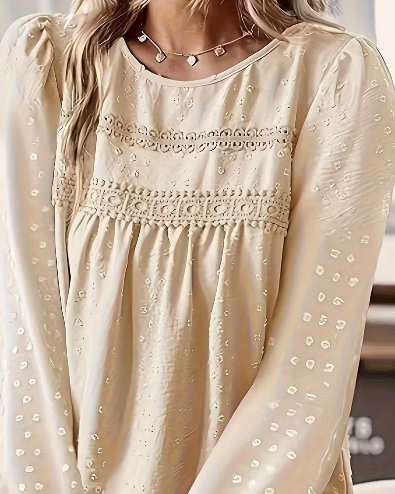 Greta | Women's Lace Blouse Cream Long Sleeve Puff Detail