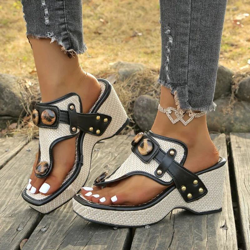Camille | Women's Platform Wedge Sandals Black Cream Studded