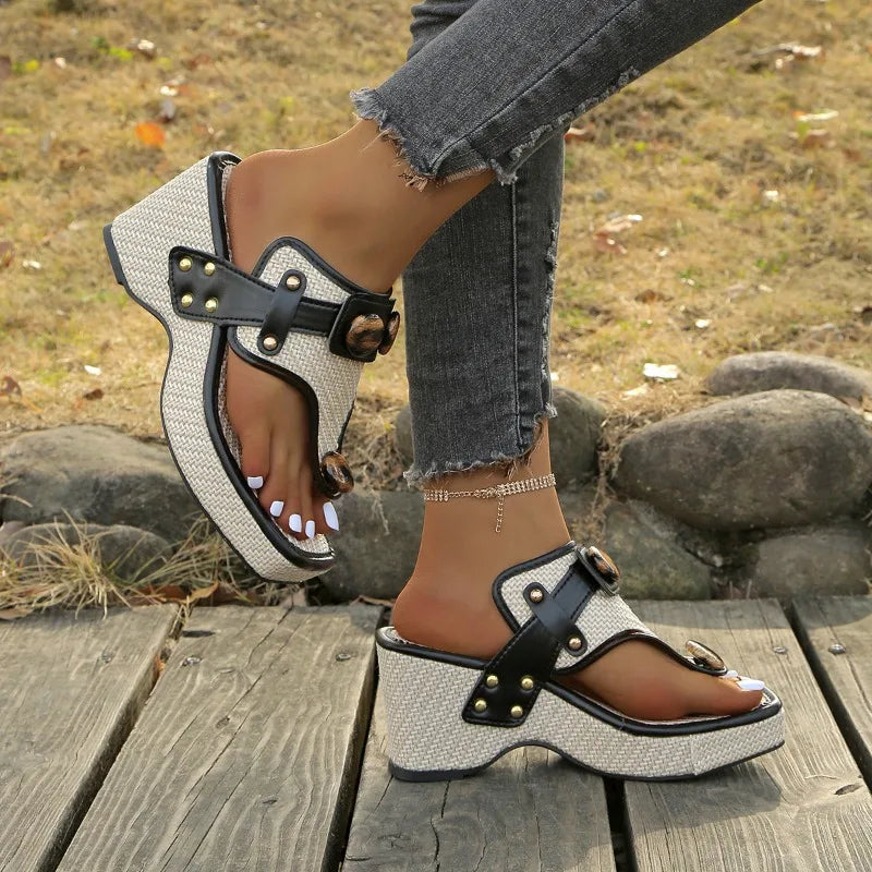 Camille | Women's Platform Wedge Sandals Black Cream Studded