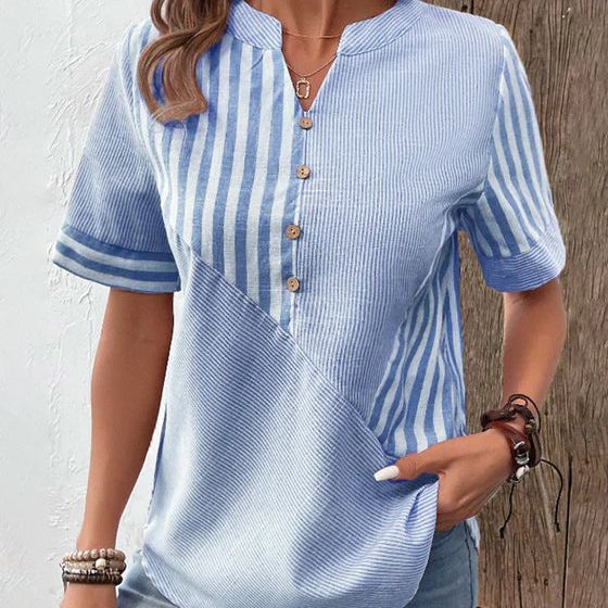 Lola | Women's Striped Button Up Blouse Sage Green Short Sleeve