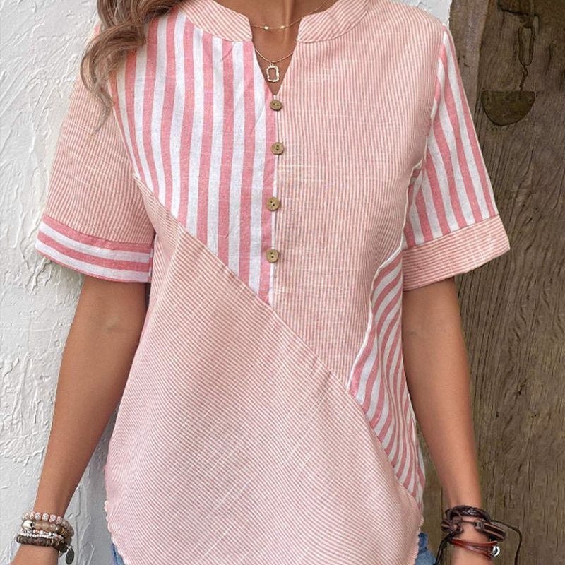 Lola | Women's Striped Button Up Blouse Sage Green Short Sleeve