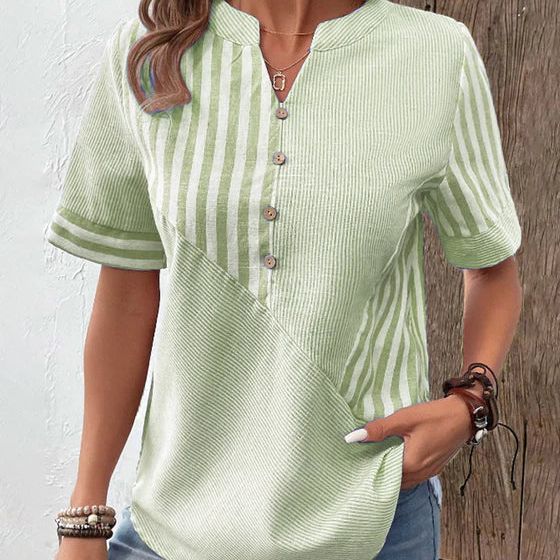 Lola | Women's Striped Button Up Blouse Sage Green Short Sleeve