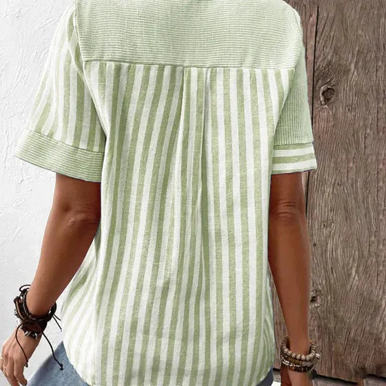 Lola | Women's Striped Button Up Blouse Sage Green Short Sleeve