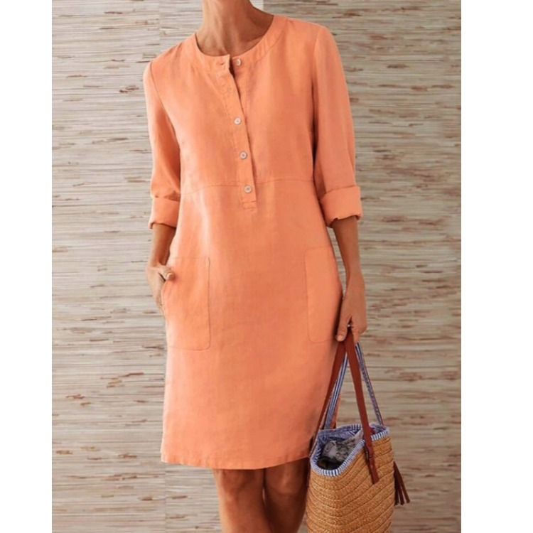 Ada | Women's Linen Shirt Dress Navy Three Quarter Sleeve
