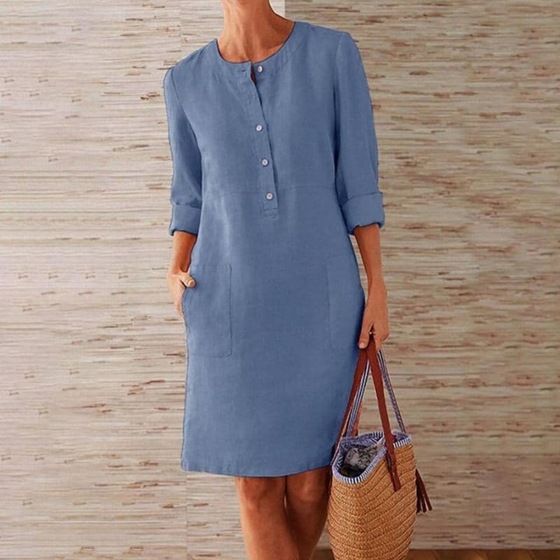 Ada | Women's Linen Shirt Dress Navy Three Quarter Sleeve
