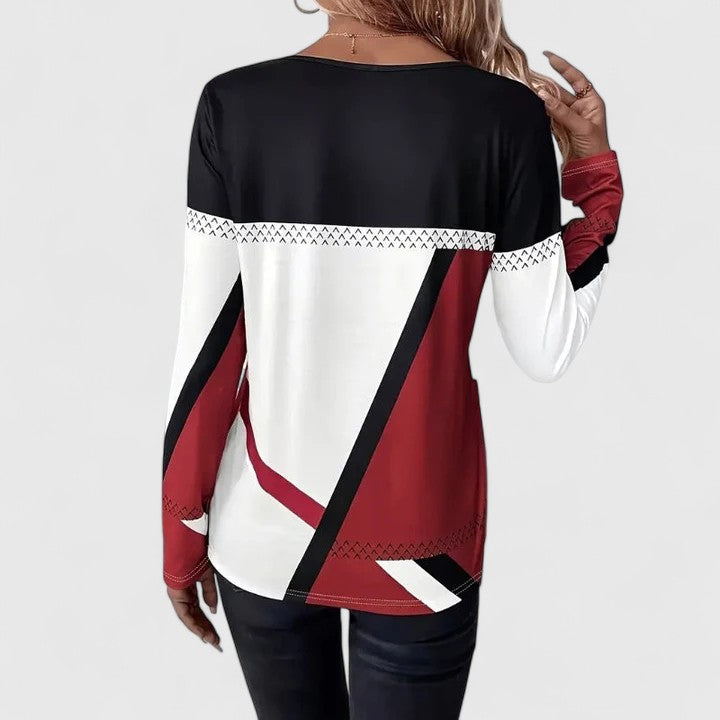 Thea | Women's Colorblock Long Sleeve Sweater Black Cream Burgundy