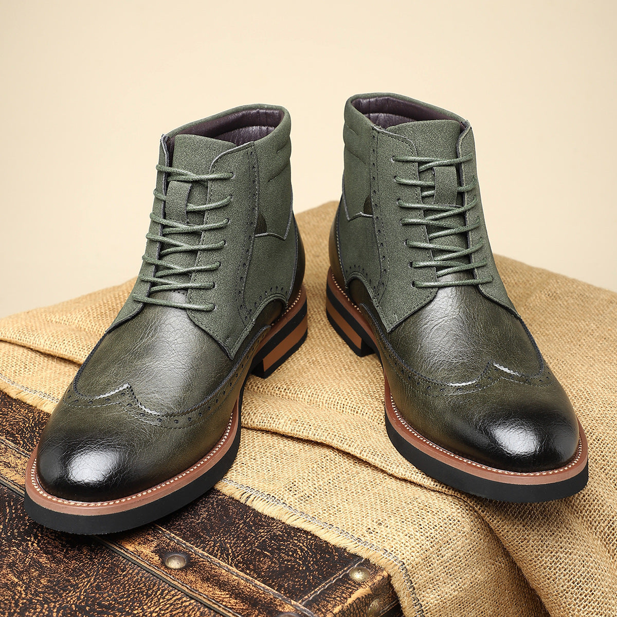 Axel | Men's Wingtip Leather Ankle Boots Olive Lace Up