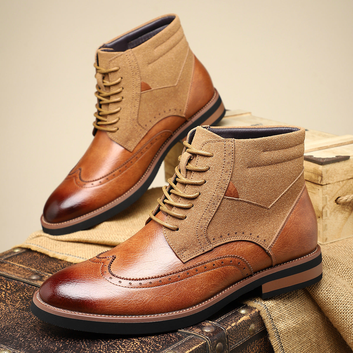 Axel | Men's Wingtip Leather Ankle Boots Olive Lace Up