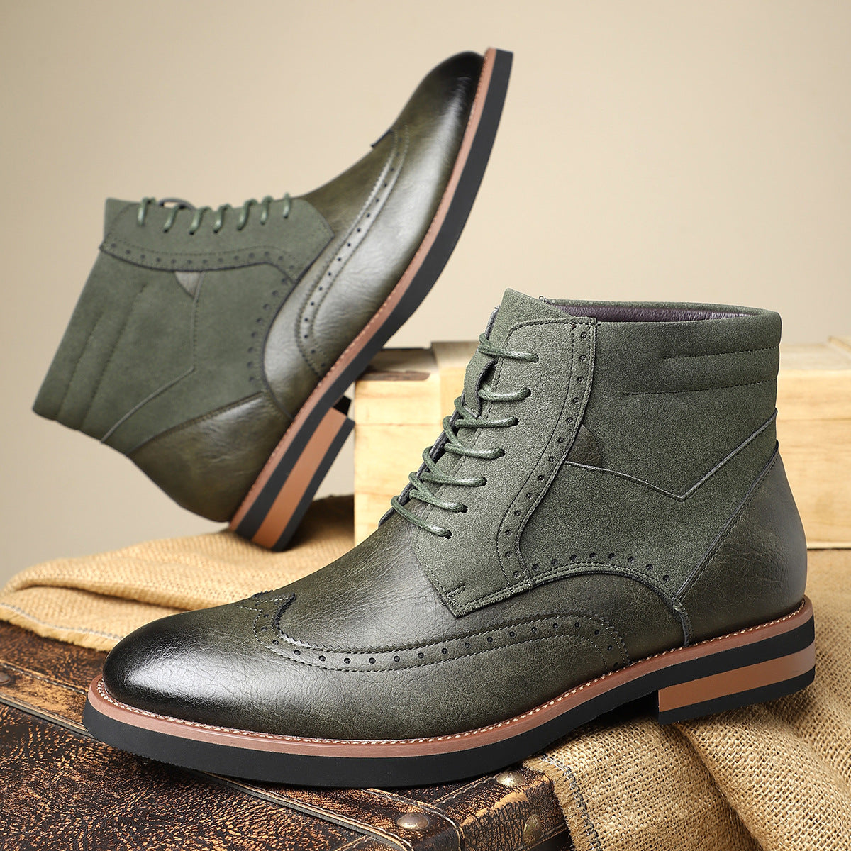 Axel | Men's Wingtip Leather Ankle Boots Olive Lace Up