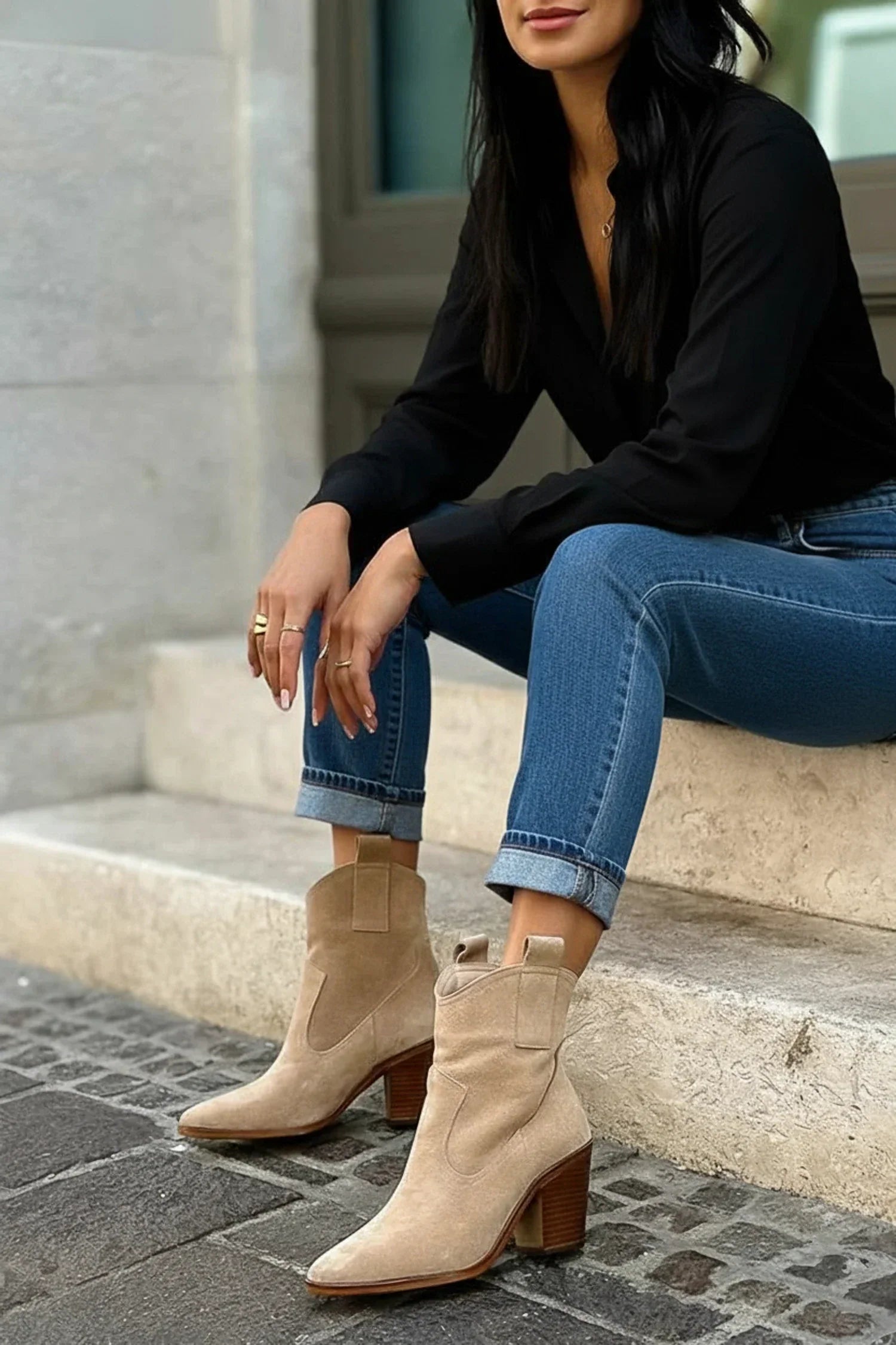 Luisa | Women's Western Ankle Boots Block Heel Cream