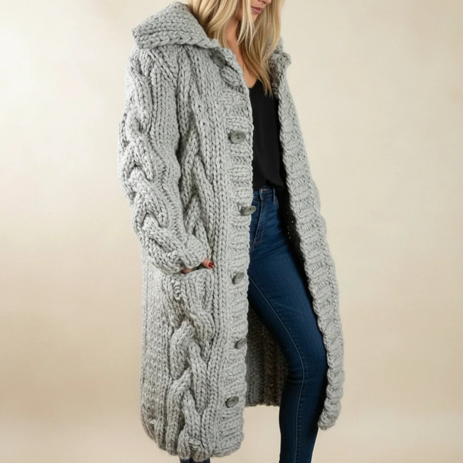 Isla | Women's Cable Knit Cardigan Blue Long Sleeve Hooded