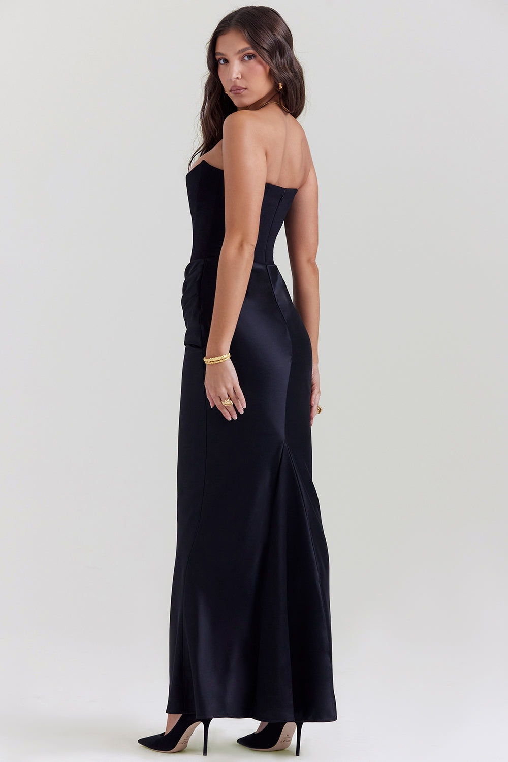 Camille | Women's Strapless Satin Maxi Dress Black Ruched