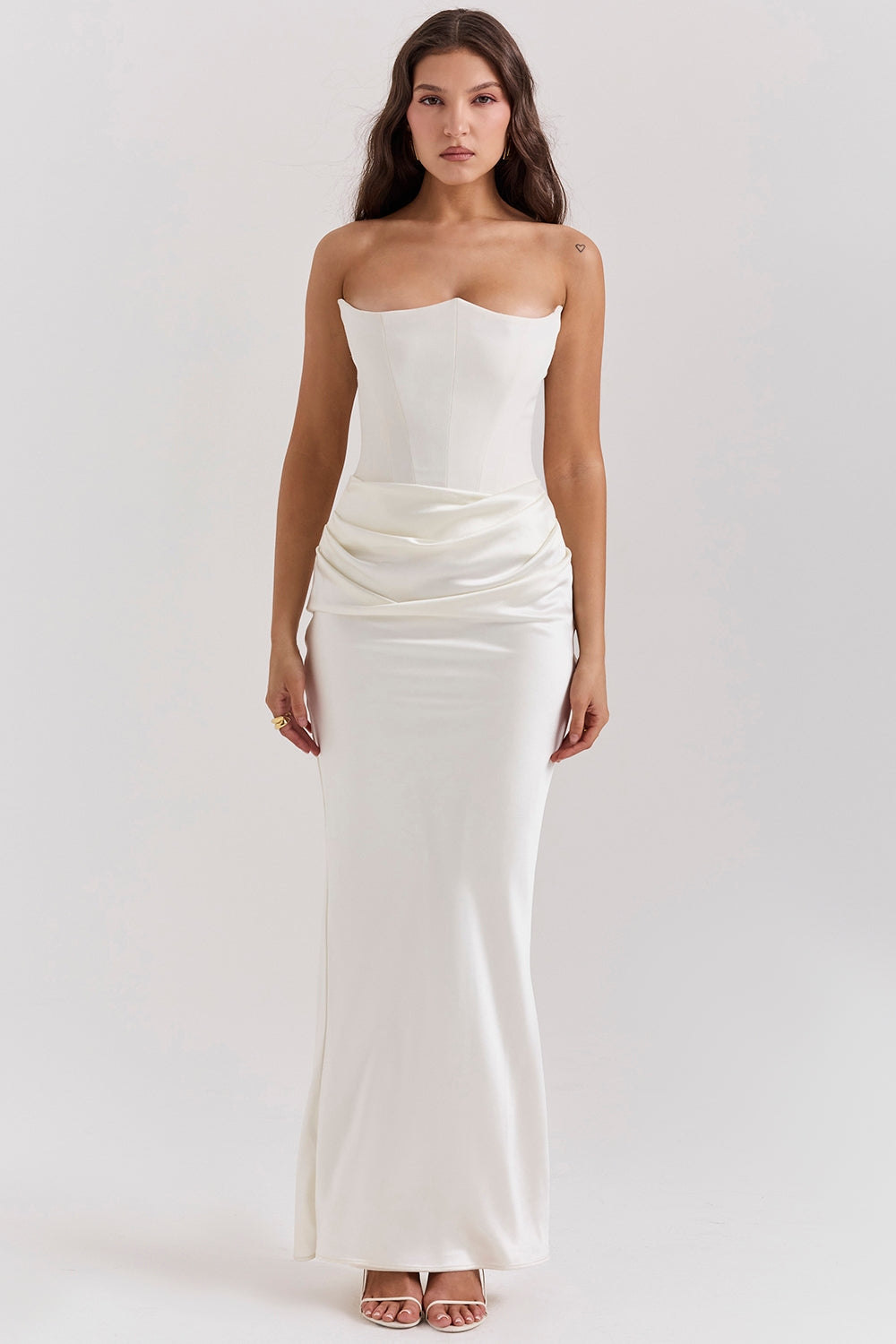 Camille | Women's Strapless Satin Maxi Dress Black Ruched