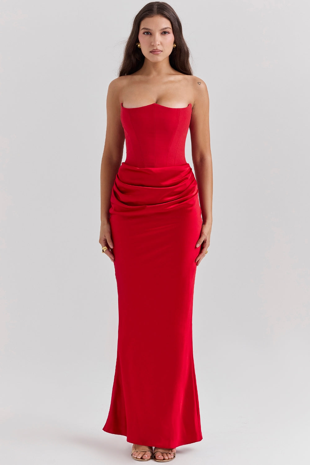 Camille | Women's Strapless Satin Maxi Dress Black Ruched